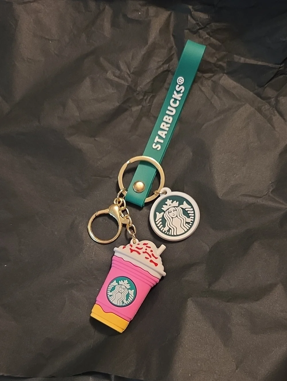 Starbucks Pink Frappuccino Keychain with Teal Strap and Gold Hardware